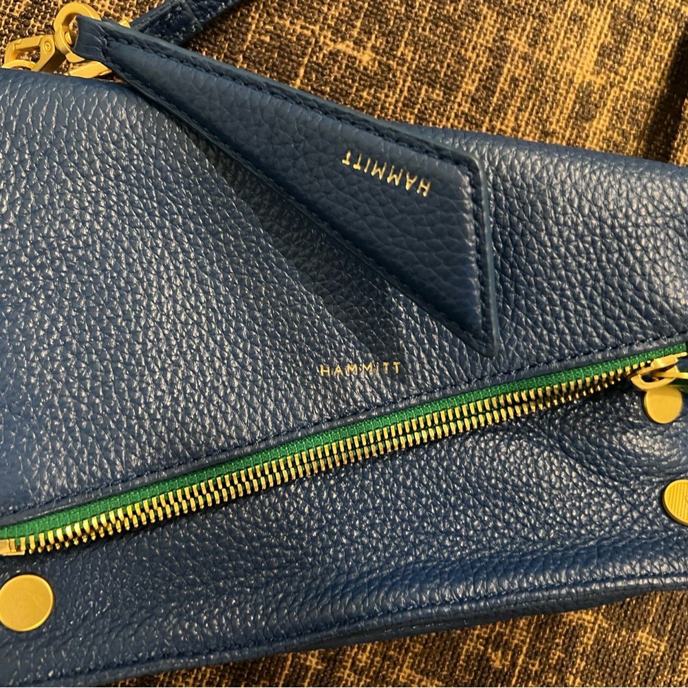 Hammitt Curtis Blue Leather Crossbody with Green Trim and Gold Hardware - Picture 3 of 8